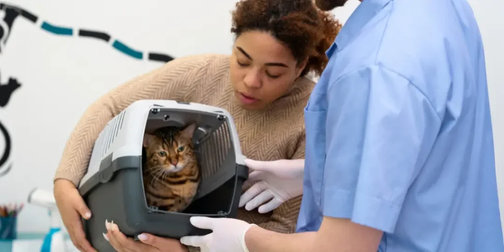 Close up man and woman with cat in crate