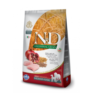 Image displays the product Farmina N&D Low Grain Chicken & Pomegranate Adult Breed Dog Food (Medium & Maxi) 2.5 Kg and 12 Kg