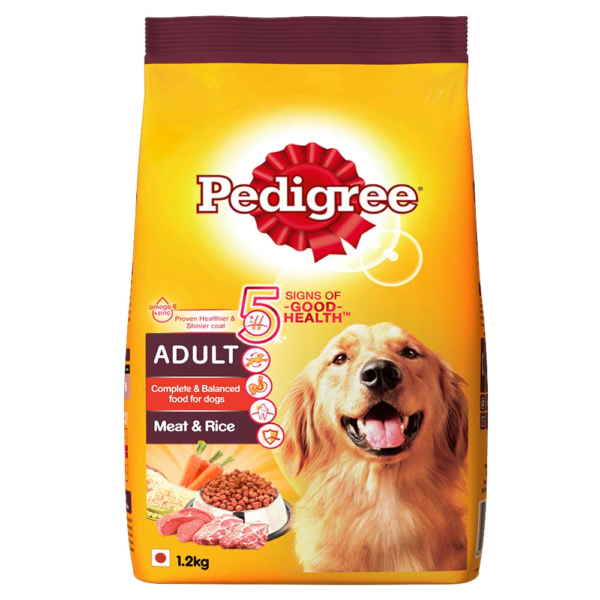 Image displays the product-Pedigree Adult Dry Dog Food- Meat & Rice, 1.2kg Pack