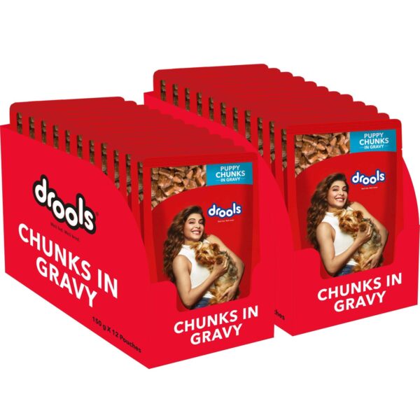 24 Pouches (24 x 150g) of Drools Puppy Wet Dog Food, Real Chicken and Chicken Liver Chunks in Gravy