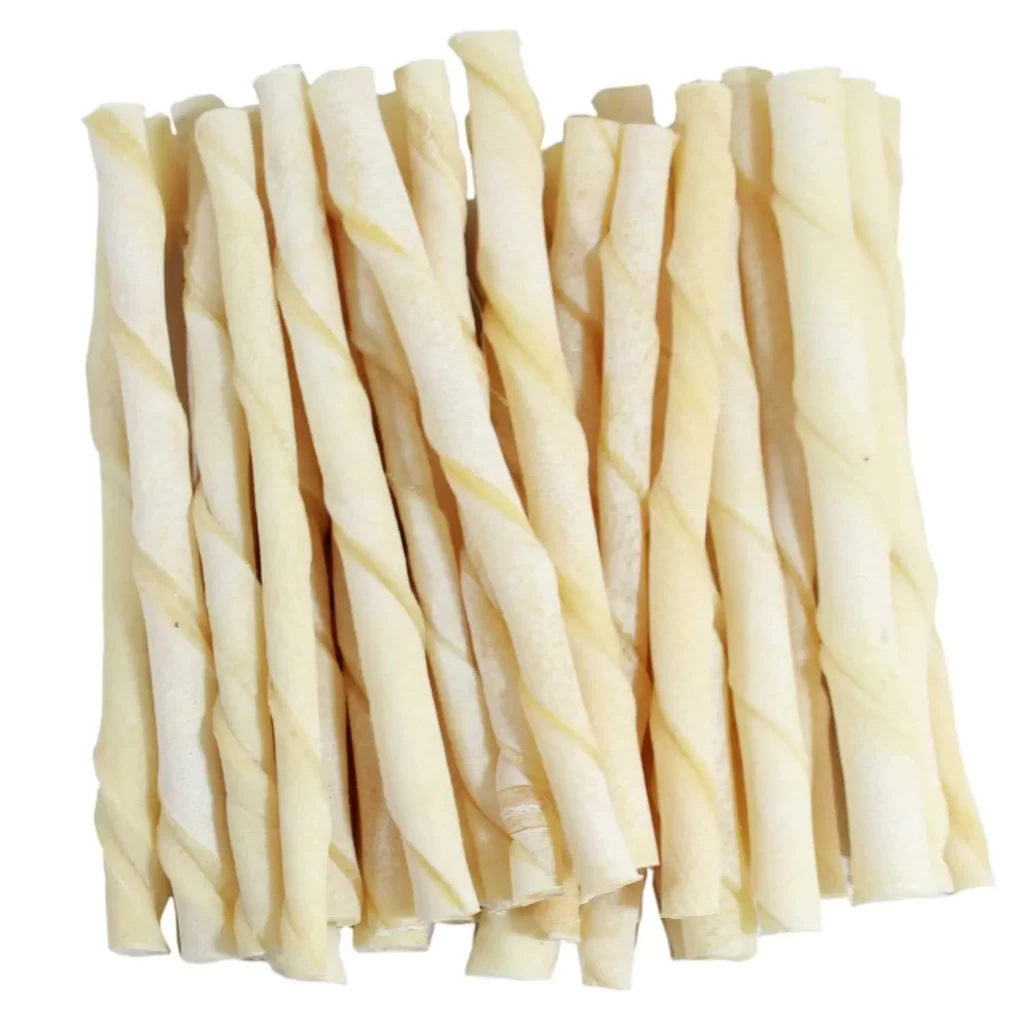displays the product Supervet Dog Chew White Twisted Sticks (White Sticks )