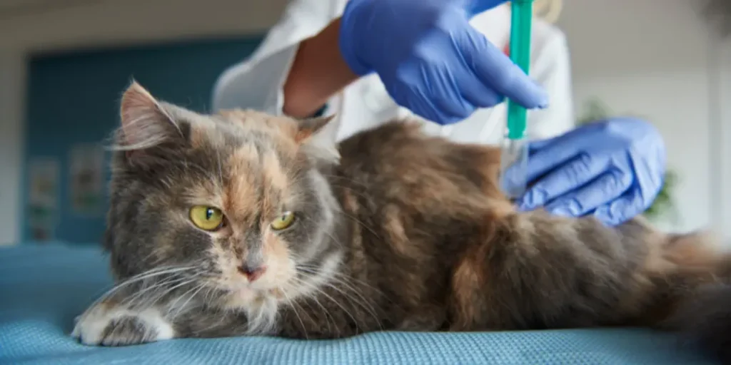 Image displays a cat getting injection for treatment.