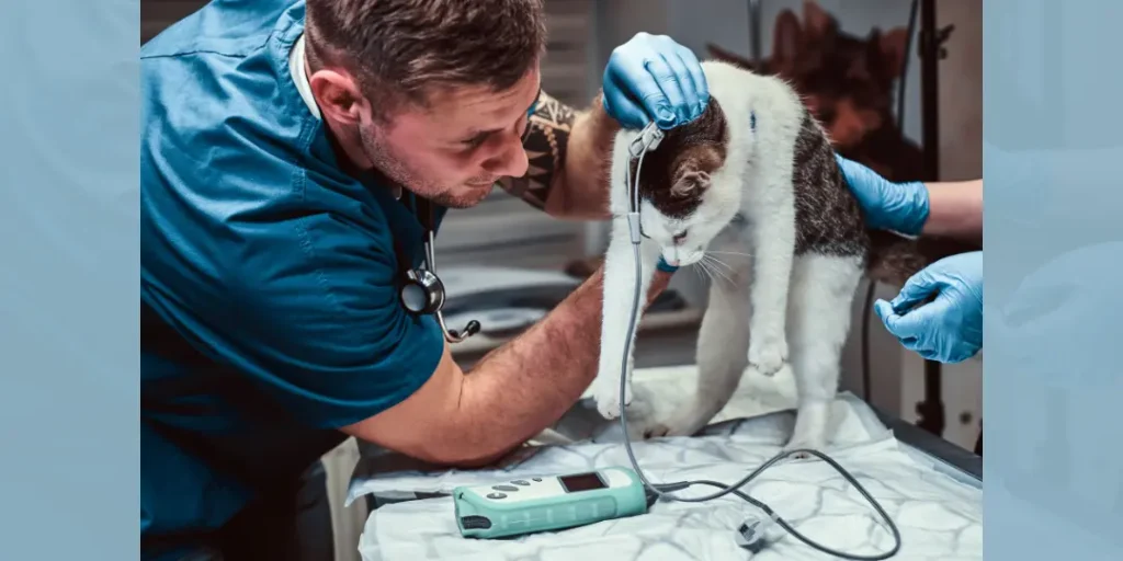 Cute cat with rabies symptoms on a medical examination at a veterinary clinic, measuring the blood pressure