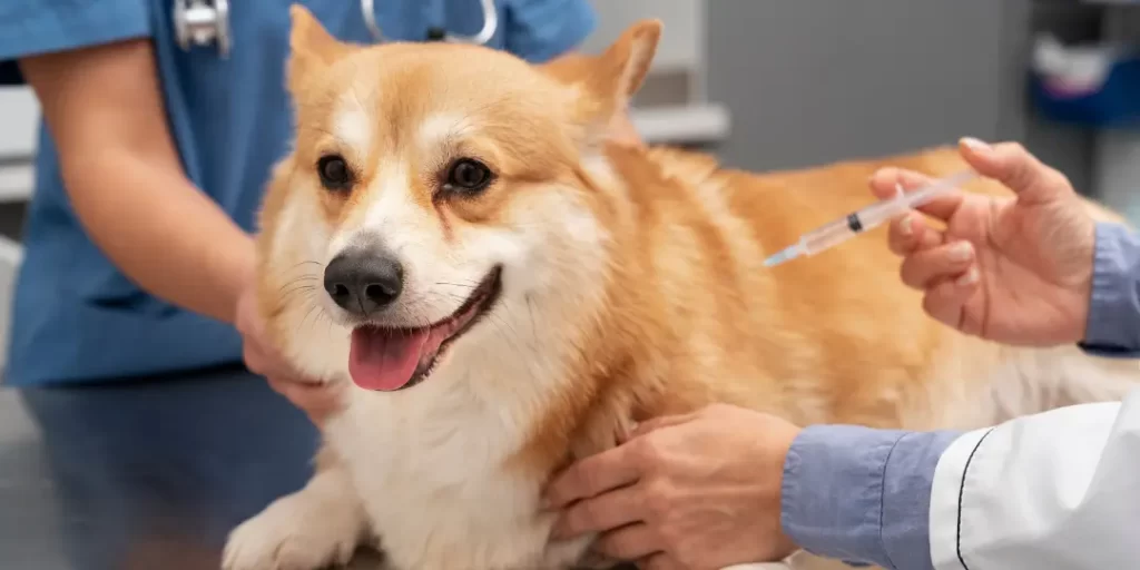 vet is giving injection to dog.