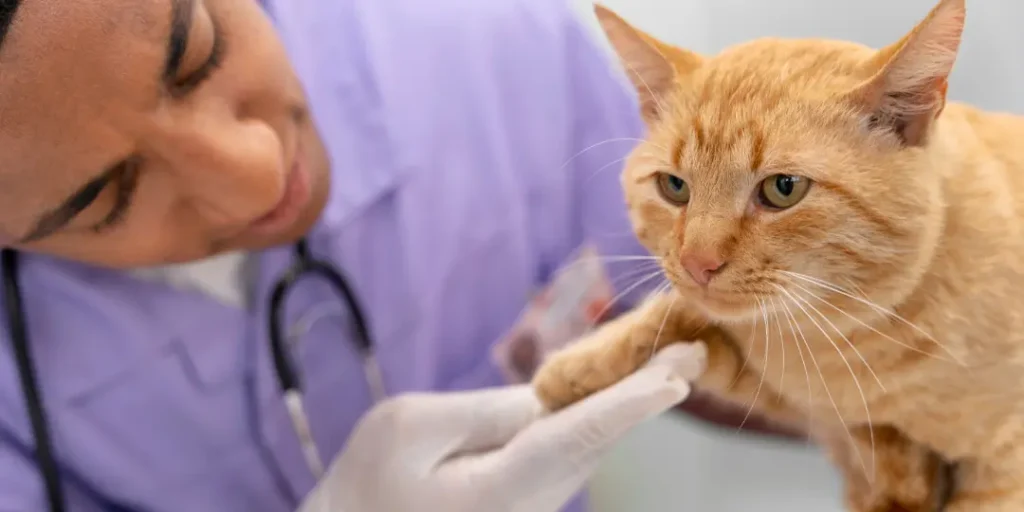 displays a vet, who is treating a cat.