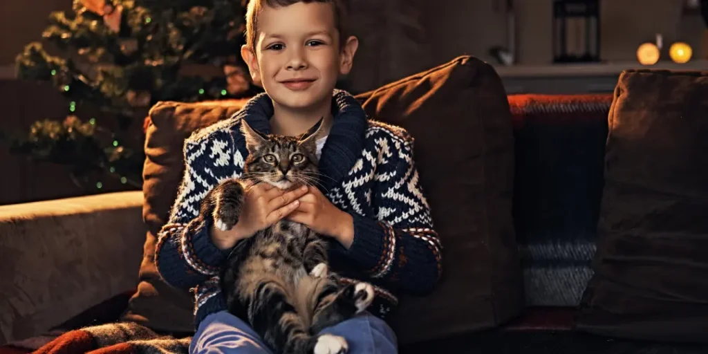 a boy taking pics with a cat and celebrating Christmas with your pet