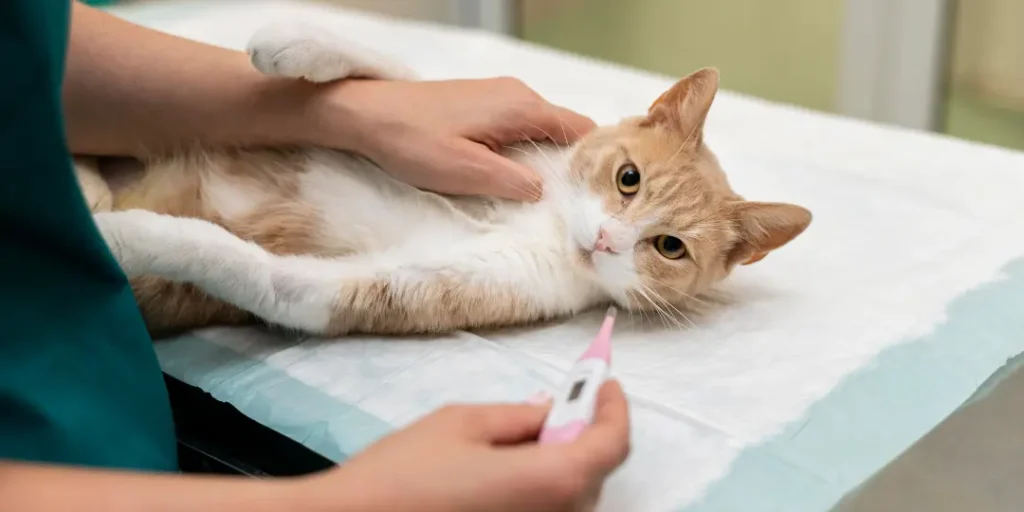 A vet is taking temperature of a cat