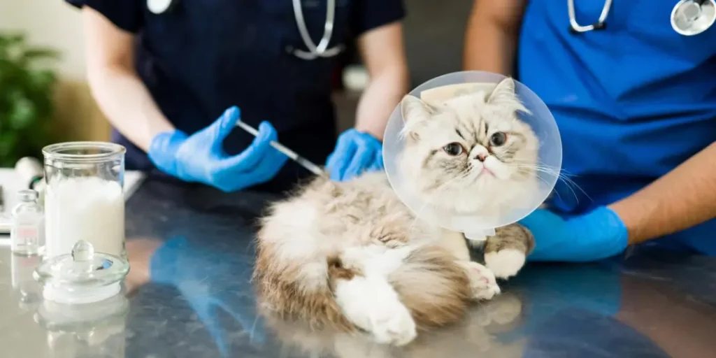 Close up of a sick persian cat that may have rabies, lying at the examination table while a woman and man vet put on a vaccine or medicine 