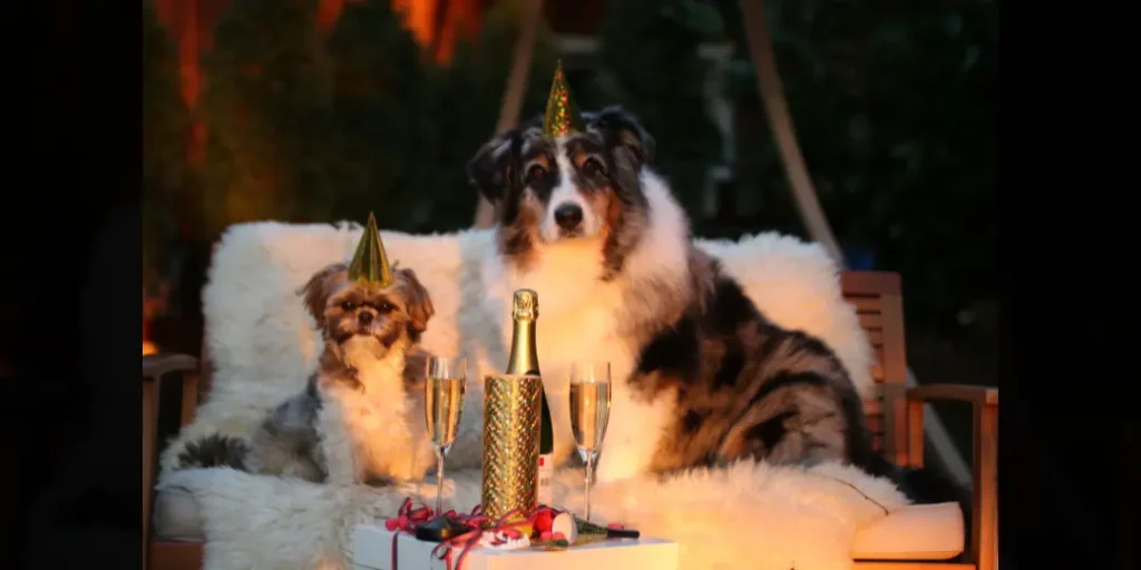 a dog and a puppy are celebrating new year