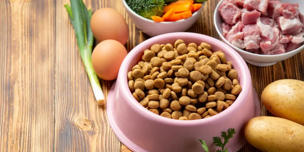 Healthy fresh pet food ingredients on dark surface