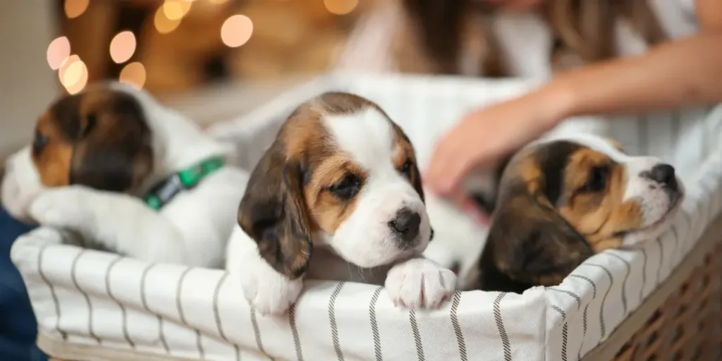 displays cute puppies in basket in new year eve.