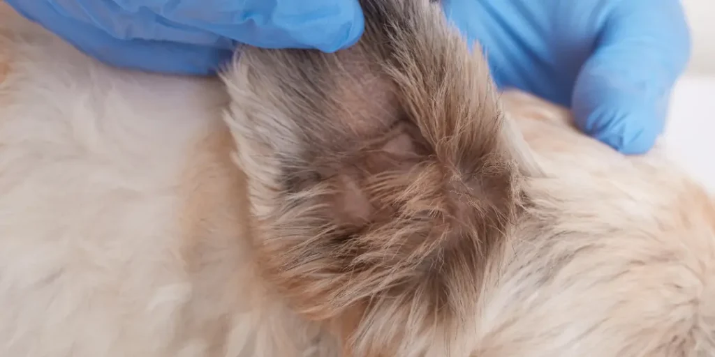 Veterinarian looking ear of pekingese dog