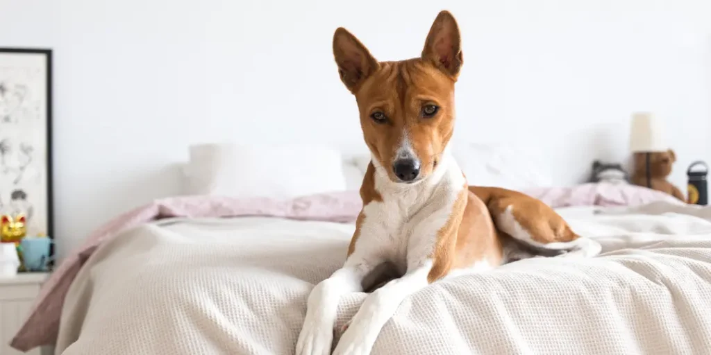 Sad and thoughtful little puppy of basenji breed lays on bed, on lazy sunday morning, looks down and frowns. 