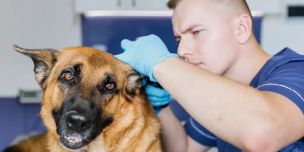 Medium shot careful doctor checking on dog's ear