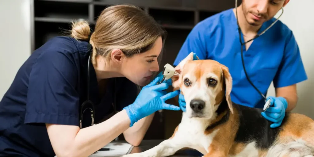 Female vet using an otoscope to examine the ear of a beautiful beagle dog. sick cute pet sitting at the examination table at vet hospital.