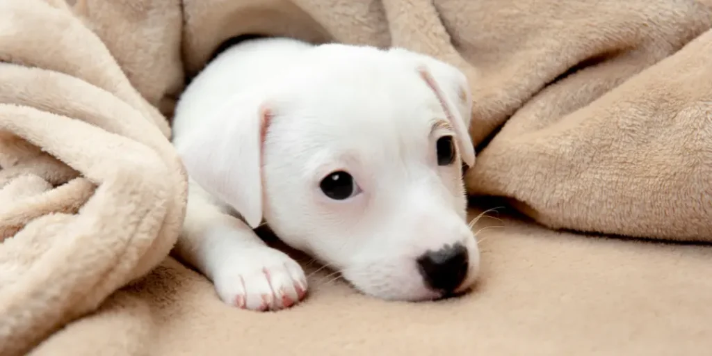 Cute and little doggy posing cheerful in comfortable soft plaid
