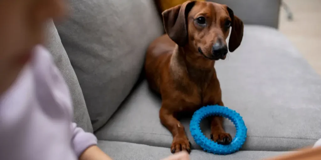 Close up on beautiful dachshund dog with chewing toy