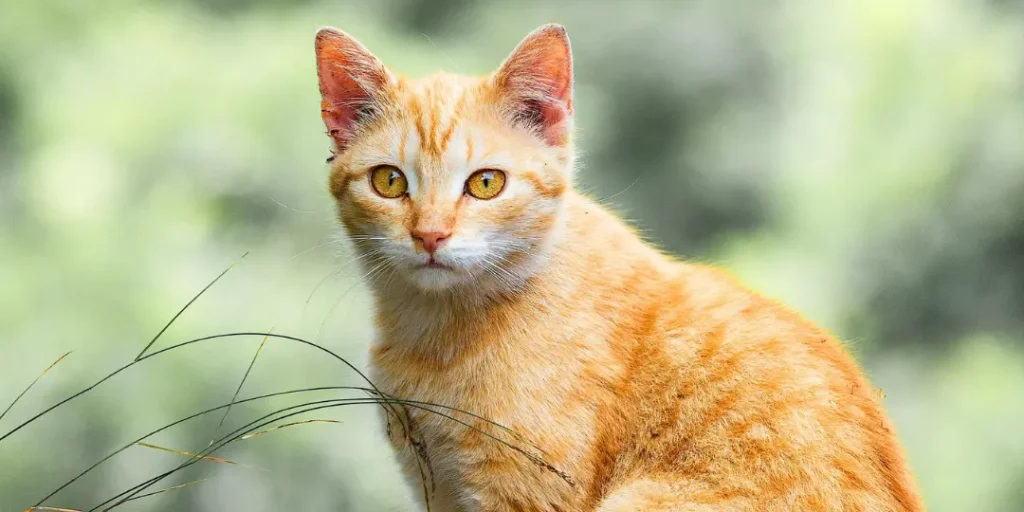 Selective shot of a red mackerel tabby cat looking at the camera with green background
