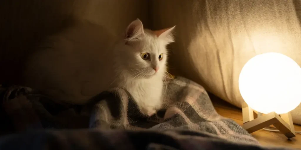 Close up on cat near light bulb