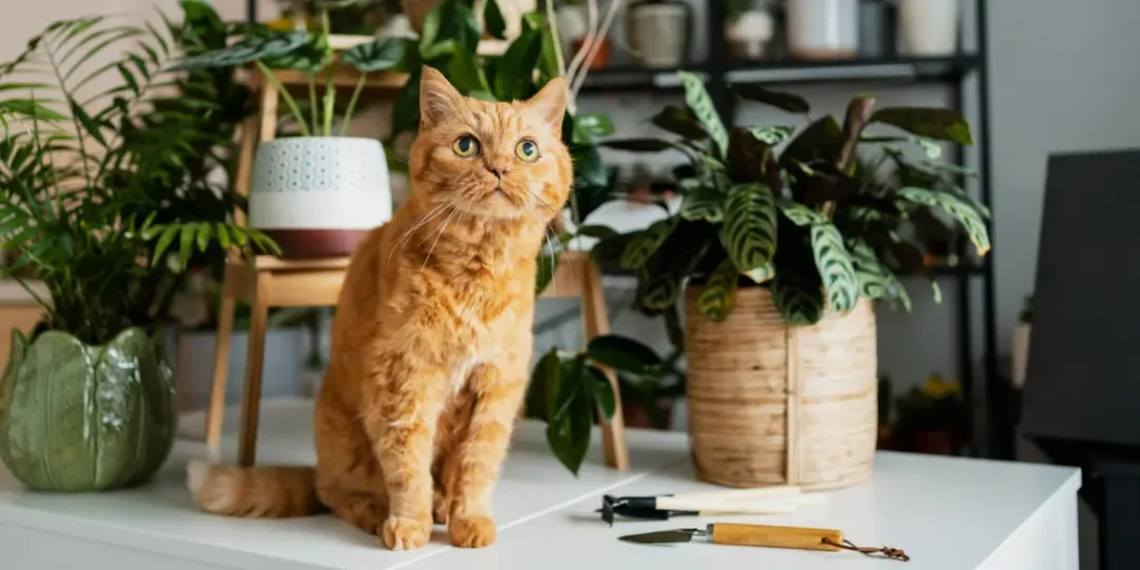 Cat on table with plants around