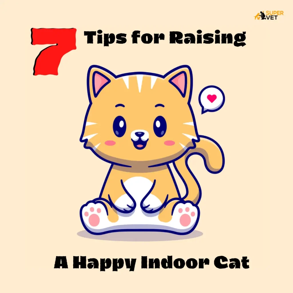 Cute cat sitting cartoon vector icon illustration with text "7 Tips For Raising A Happy Indoor Cat"