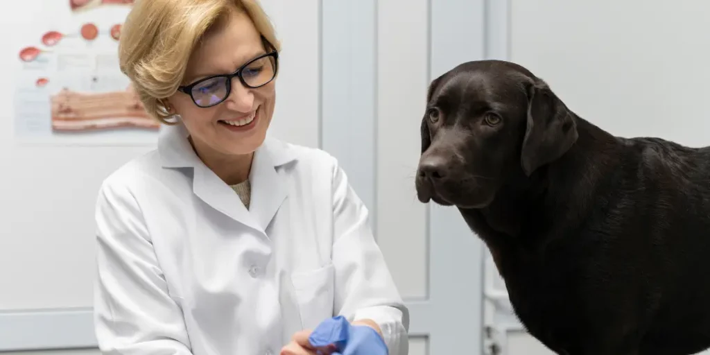 Medium shot smiley doctor looking at dog