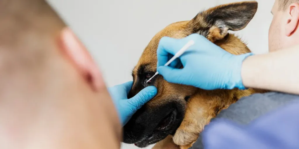 Close-up doctor checking cute dog's eye