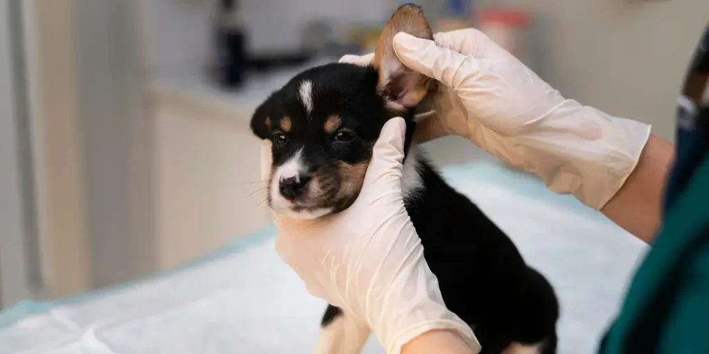 Close up on veterinarian taking care of dog