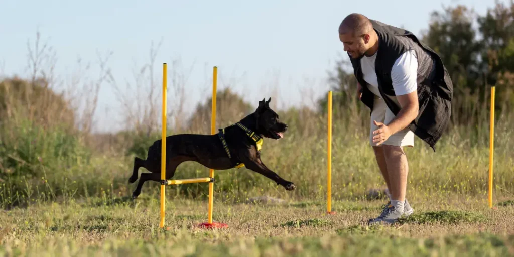 Dog trainer teaching dog to run though obstacles